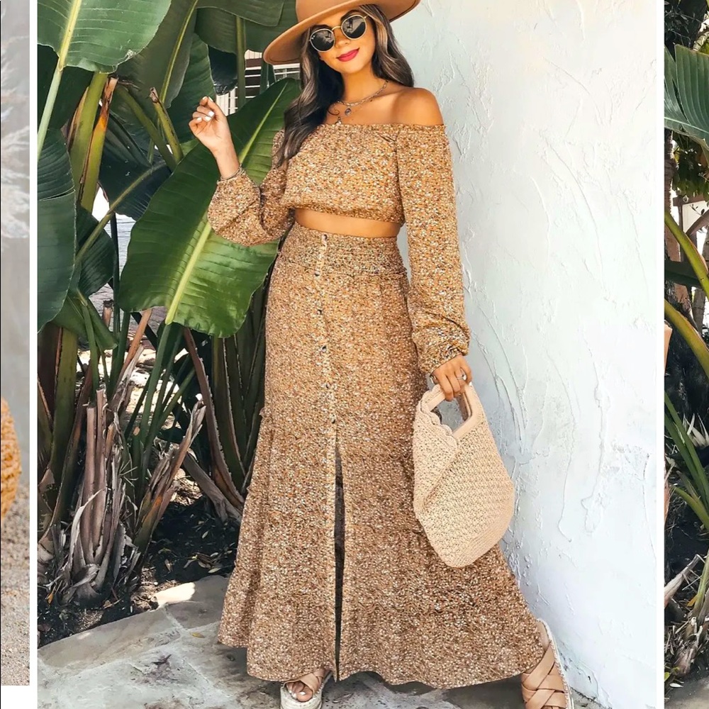 SAYA FLORAL OFF THE SHOULDER CROP TOP - AND SMOCKED MAXI SKIRT